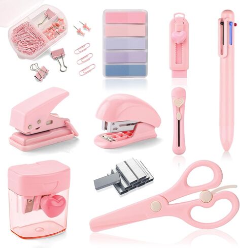 Purple Mini Office Supply Kit Mini School Supplies Desk Accessory Set Includes Mini Stapler Pencil Sharpener Staple Remover Hole Punch Ballpoint Pen Scissor Box Cutter Paper Clips Sticky Index Tabs in Saudi Arabia