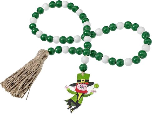 St Patrick's Day Wood Beads Tassels Beaded Garland Leprechaun Pattern Pendant Green Wooden Bead Garland Farmhouse Style Irish Decor for St Patrick's Day Tiered Tray Decorations Hanging Ornaments in Saudi Arabia