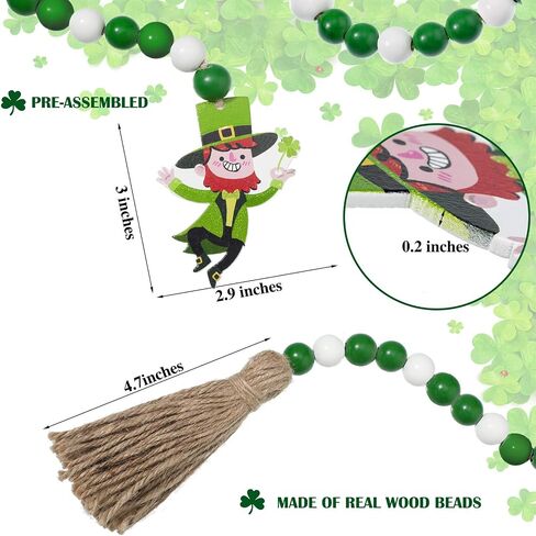 St Patrick's Day Wood Beads Tassels Beaded Garland Leprechaun Pattern Pendant Green Wooden Bead Garland Farmhouse Style Irish Decor for St Patrick's Day Tiered Tray Decorations Hanging Ornaments in Saudi Arabia