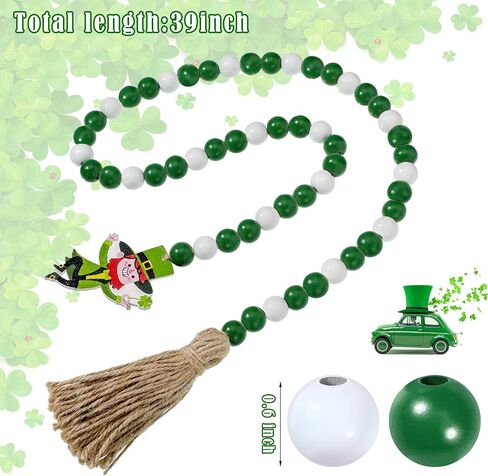 St Patrick's Day Wood Beads Tassels Beaded Garland Leprechaun Pattern Pendant Green Wooden Bead Garland Farmhouse Style Irish Decor for St Patrick's Day Tiered Tray Decorations Hanging Ornaments in Saudi Arabia