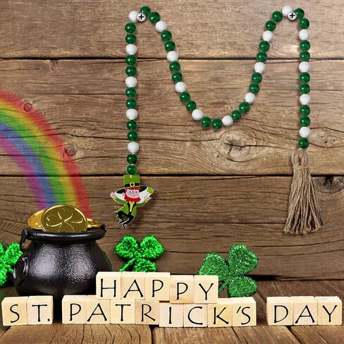 St Patrick's Day Wood Beads Tassels Beaded Garland Leprechaun Pattern Pendant Green Wooden Bead Garland Farmhouse Style Irish Decor for St Patrick's Day Tiered Tray Decorations Hanging Ornaments in Saudi Arabia