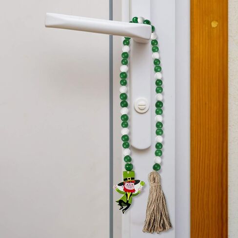 St Patrick's Day Wood Beads Tassels Beaded Garland Leprechaun Pattern Pendant Green Wooden Bead Garland Farmhouse Style Irish Decor for St Patrick's Day Tiered Tray Decorations Hanging Ornaments in Saudi Arabia