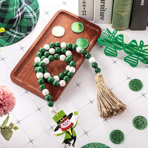 St Patrick's Day Wood Beads Tassels Beaded Garland Leprechaun Pattern Pendant Green Wooden Bead Garland Farmhouse Style Irish Decor for St Patrick's Day Tiered Tray Decorations Hanging Ornaments in Saudi Arabia
