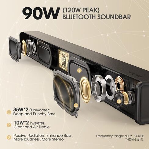 W-KING 90W (120W Peak) Sound Bar, 2.0 Soundbar for TV Home Theater Sound, TV Speakers Soundbar with Subwoofer Built-in, Bluetooth/HDMI-ARC/Opt/COA/AUX/RCA/USB, Sound Bars for TV with SUB Out (35.4") in Kuwait