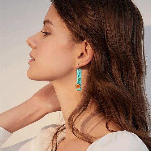 Handmade Unique Chic Enamel Flower rectangle Dangle Drop Earrings Boho Fashion Floral Petals Earring for Women Teen Girls Christmas Birthday Party Gifts in Kuwait