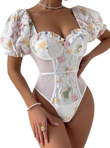 OYOANGLE Women's Puff Short Sleeve Bodysuit Floral Lace Mesh Sweetheart Neck Body Suits in Saudi Arabia