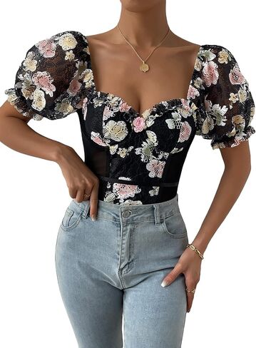 OYOANGLE Women's Puff Short Sleeve Bodysuit Floral Lace Mesh Sweetheart Neck Body Suits in Saudi Arabia