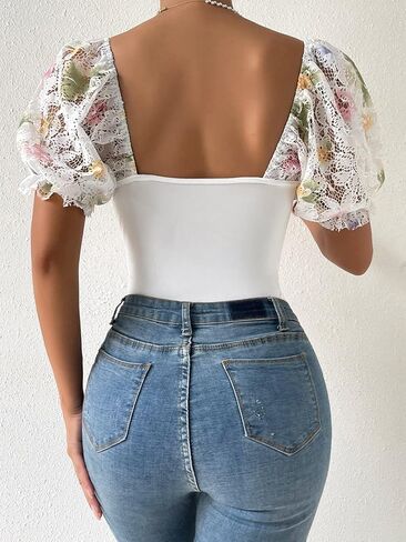 OYOANGLE Women's Puff Short Sleeve Bodysuit Floral Lace Mesh Sweetheart Neck Body Suits in Saudi Arabia