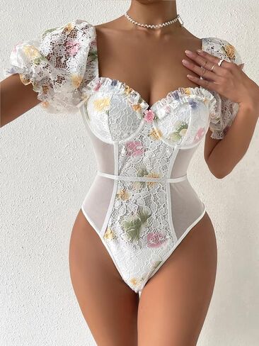 OYOANGLE Women's Puff Short Sleeve Bodysuit Floral Lace Mesh Sweetheart Neck Body Suits in Saudi Arabia