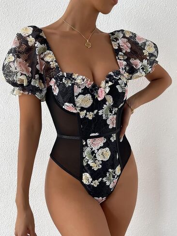 OYOANGLE Women's Puff Short Sleeve Bodysuit Floral Lace Mesh Sweetheart Neck Body Suits in Saudi Arabia