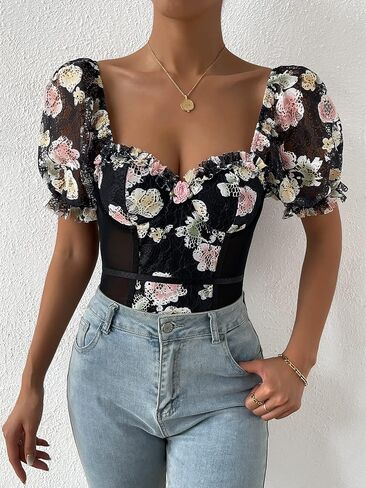 OYOANGLE Women's Puff Short Sleeve Bodysuit Floral Lace Mesh Sweetheart Neck Body Suits in Saudi Arabia