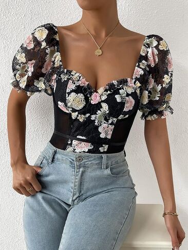 OYOANGLE Women's Puff Short Sleeve Bodysuit Floral Lace Mesh Sweetheart Neck Body Suits in Saudi Arabia