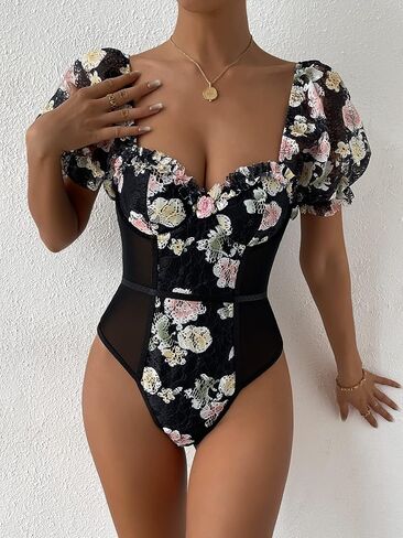 OYOANGLE Women's Puff Short Sleeve Bodysuit Floral Lace Mesh Sweetheart Neck Body Suits in Saudi Arabia