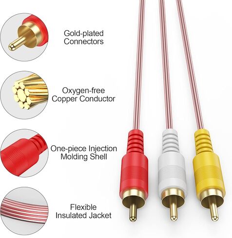 كابل AV بطول 6 أقدام، كابل 3 RCA ذكر إلى ذكر مكون صوت ستيريو ومخرج سلك فيديو محمي لمضخم صوت TV VCR DVD والمزيد in Kuwait