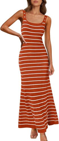 MEROKEETY Women's Sleeveless Striped Bodycon Maxi Dress Square Neck Ribbed Knitted Tank Sweater Dress in Saudi Arabia