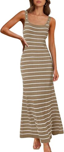 MEROKEETY Women's Sleeveless Striped Bodycon Maxi Dress Square Neck Ribbed Knitted Tank Sweater Dress in Saudi Arabia