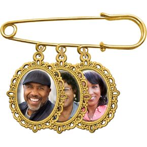 Wedding Boutonniere or Bouquet Photo Charm Bright Gold Pin Holds 3 Pictures For Lapel or Bride's Flowers Mother of the Bride Groom with Photo Resizer
