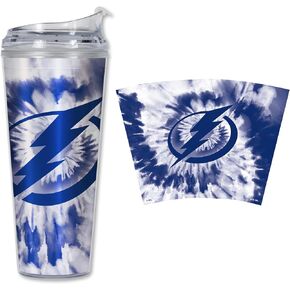 Rico Industries NHL Hockey Tampa Bay Lightning Team Color Tie Dye 24oz Metallic Acrylic Tumbler with Hinged Lid, Officially Licensed Double Wall Tumbler with Straw