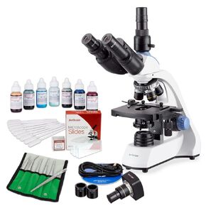 AmScope توفير استثنائي في الحزمة! مجهر مركب ثلاثي العينيات 40X-2500X LED مع مرحلة ميكانيكية ثلاثية الأبعاد بطبقتين، وكاميرا رقمية بدقة 5 ميجابكسل ومجموعة البقع الحيوية للخلايا الحية in Saudi Arabia