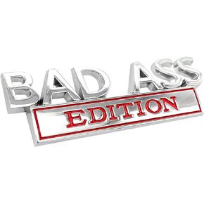 1 PC Car Bad Ass Fender Badge Decal, 3D Zinc Alloy Three-Dimensional Tailgate Front Grille Hood Decal with 3M Adhesive, Car Retrofit Decorative Accessories for Most Car Models(Silver & Red)