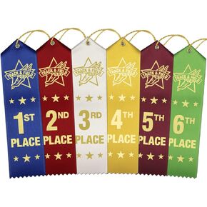 Track & Field Ribbons 1st - 6th Place, 72 Total Ribbons - 12 Each Place with Card & String