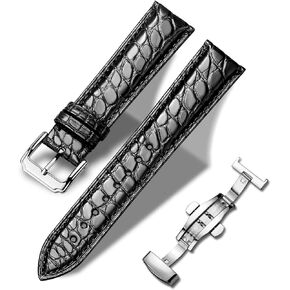 Moran Genuine Leather Watch Band 18mm 19mm 20mm 21mm 22mm 23mm 24mm Calf Grain Watch Strap for Men and Women 24mm Crocodile Leather-Black-Silver Buckle