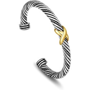 Twisted Cable Bracelet for Women, Two Tone Cable Wire Bracelet Bangle Silver Cuff Vintage Bracelets for Women Jewelry Gift