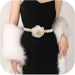 Pearl Flower Belt for Women Skinny Elastic Pearl Belts Bridal Wedding Waist Belt White Camellia Stretchy Chain Belt for Dress