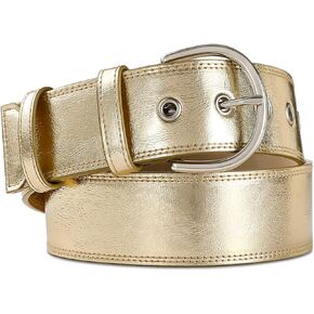 Women Casual Leather Gold Belt for Jeans Pants, Fashion Ladies Girls Gold Faux Leather Waist Belt