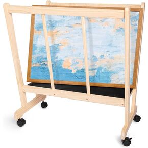 GENMOUS Wood Large Print Rack with Castors - Artist Display and Storage Rack,Natural Wooden Storage & Crafts Drying Racks for Canvas,Artwork,Prints,Panels,Posters,Art Shows & Galleries Display Stands