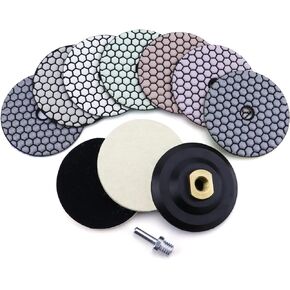 11 قطعة من وسادات تلميع الماس الجافة مقاس 10.16 سم، وسادة تلميع كونترتوب من الجرانيت والرخام الخرساني، 6 وسادة ماسية بخطاف وحلقة، 2 وسادة نهائية من اللباد، لوحة دعم مقاس 5/8-11 بوصة ومحول حفر للمطحنة والمثقاب in Kuwait