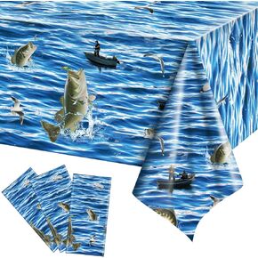 Tiamon 3 Pcs Fishing Table Cover Gone Fishing Party Decorations Supplies Plastic Gone Fishing Tablecloths Disposable Ocean Scene Table Cloth for Fishing Themed Birthday Decor Favors, 54 x 108 in