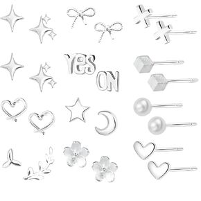 12 Pairs Silver Stud Earrings For Women Girls Simple Mini Moon Star Heart Stud Earrings Lightning Butterfly Flower Leaf Pearl Earrings Hypoallergenic Jewelry Gift