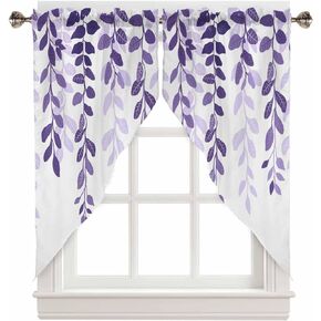 Swag Curtain Valances Purple Eucalyptus Floral Leaves Swag Valances for Kitchen Windows Nature Plant Branch Short Topper Curtains Tier Pair for Kitchen Bedroom Living Room Bathroom Cafe 28"x36"