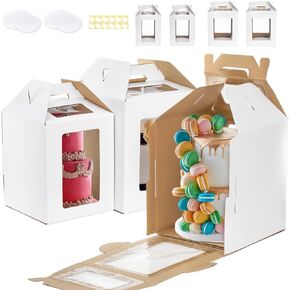 4 Pack Tall Cake Boxes in 2 Sizes, 10x10x12 & 12x12x14 Inch Tiered Cake Carrier, Large Layer Cake Box with Window, Disposable Cake Container with Cake Board, Bakery Box for Birthday Wedding