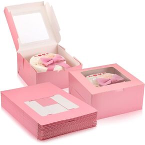 24 Pcs Cake Boxes with Window 10 x 10 x 5 Inches Cookie Bakery Dessert Boxes Square Large Disposable Cake Containers Bulk for Party Pie Cupcakes Cheesecake Packaging (Pink)