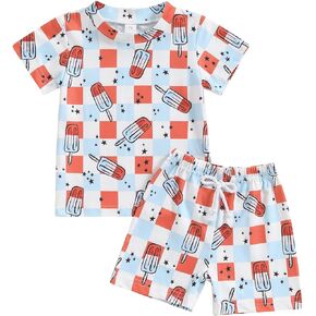 4th of July Baby Boy Outfits USA Embroidery Short Sleeve T-Shirt Top Stripe Star Shorts 2Pcs Fourth of July Clothes