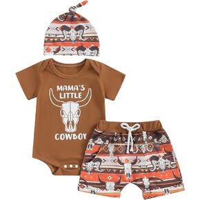Infant Toddler Baby Cowboy Summer Short Sleeve Romper + Cow Print Shorts + Boho Hat 3Pcs Western Outfits
