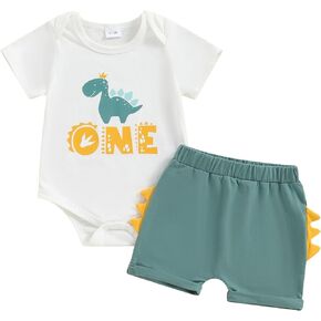Baby Boy First Birthday Outfit Dinosaur Short Sleeve Romper Jogger Shorts Set Cake Smash 2Pcs Summer Clothes