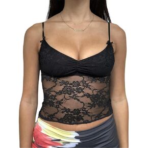 Women Floral Lace Trim Cami Tank Top Spaghetti Strap Backless Camisole Y2k Sleeveless Slim Fit Going Out Top Shirt