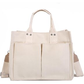 Canvas Bag with Handle, Multi-Pocket Shoulder Tote Purse, Durable & Wear-Resistant Messenger Bag, Reusable Handbag, Large Capacity Canvas Mommy Bag, Easy-to-Clean