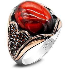 Solid Silver Men Rings Red Garnet Stone Men's Ring Handmade Turkish Vintage Ring Luxury Jewelry Bands