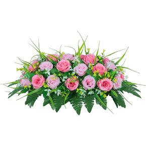 2 Sets Artificial Cemetery Flowers， Outdoor Grave Decorations Roses，Accompanied by 2 Long Nail Vases。Lasting and Non-Bleed Colors. (18 Heads (Dark Blue+White))