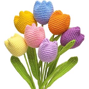 Crochet Flowers, 7PCS Fake Tulips Artificial Flowers Handmade Knitted Tulip Bouquet Crochet Flower Bouquet Table Centerpieces Gift for Women
