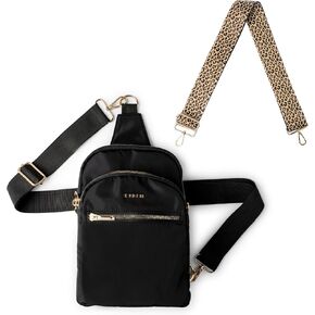 KEDZIE Roundtrip Convertible Sling Crossbody Bag (Black) & Interchangeable 2-Inch Bag Strap (Just Kitten V2)
