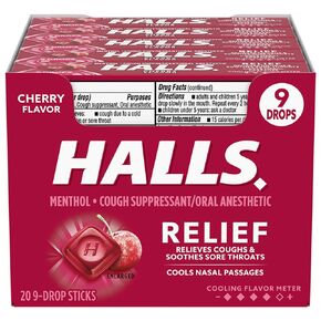 Halls Halls Cherry Cough Drops - with Menthol - 180 Drops (20 sticks of 9 drops), 20 Count