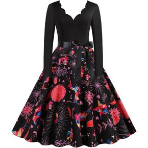 Halloween Dress for Women 1950s Vintage Pumpkin Printed Long Sleeve V Neck Plus Size Evening Prom Dresses with Belt