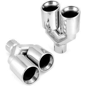 QWORK Universal 2.5" Inlet 3.5" Outlet Dual Layer Slant Cut Silver Exhaust Tips - Polished Stainless Steel, Anti-Corrosive Duo Outlets Staggered Design, Fitment for Vehicles - Set of 2 (Left + Right)
