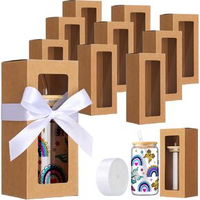 Honoson 24 Pcs Gift Boxes with Ribbon for Sublimation Glass Exhibition Boxes Transparent Gift Box for 12oz 16oz 20oz Drinking Glasses Jars Sublimation Glass Can Blanks Tumbler Gift Box (White)