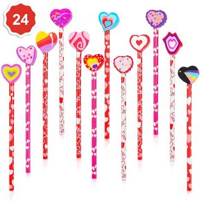 Konsait 2 Dozen (24) Valentine Pencils Assortment with Giant Eraser Topper Decorated with Love Hearts, Candies, Stars for Valentine's Day accessories Party Bag Goodie Bag Filler Favor Supplies Teacher
